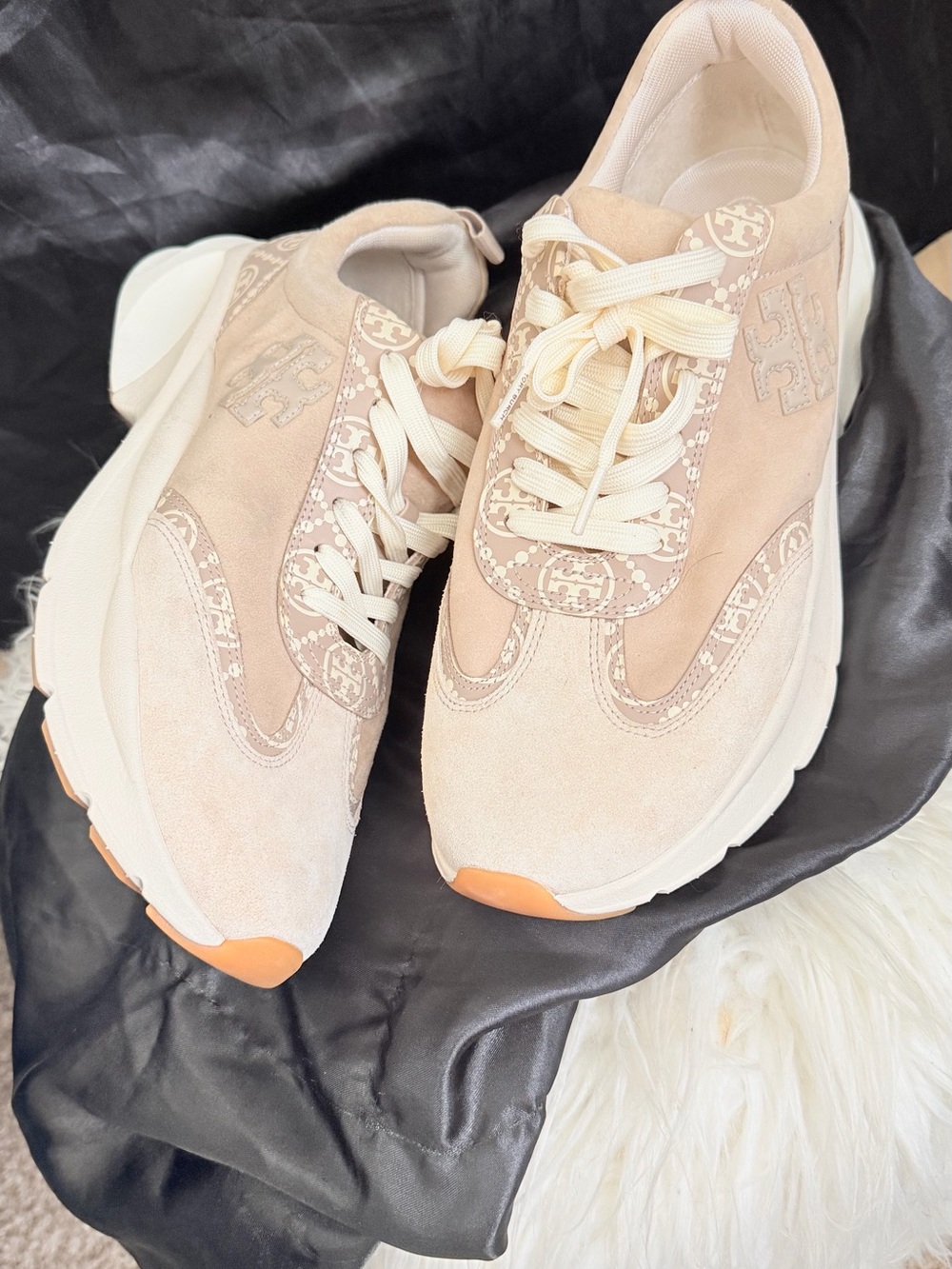 Tory Burch Blush Good Luck Trainer Suede Platform Sneakers with Logo Trim